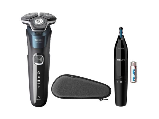 Afeitadora - Philips S5000 S5889/11 + Naricero, Afeitadora eléctrica, seco y mojado, Sensor de barba, Estuche de viaje, Cortapatillas, Marrón