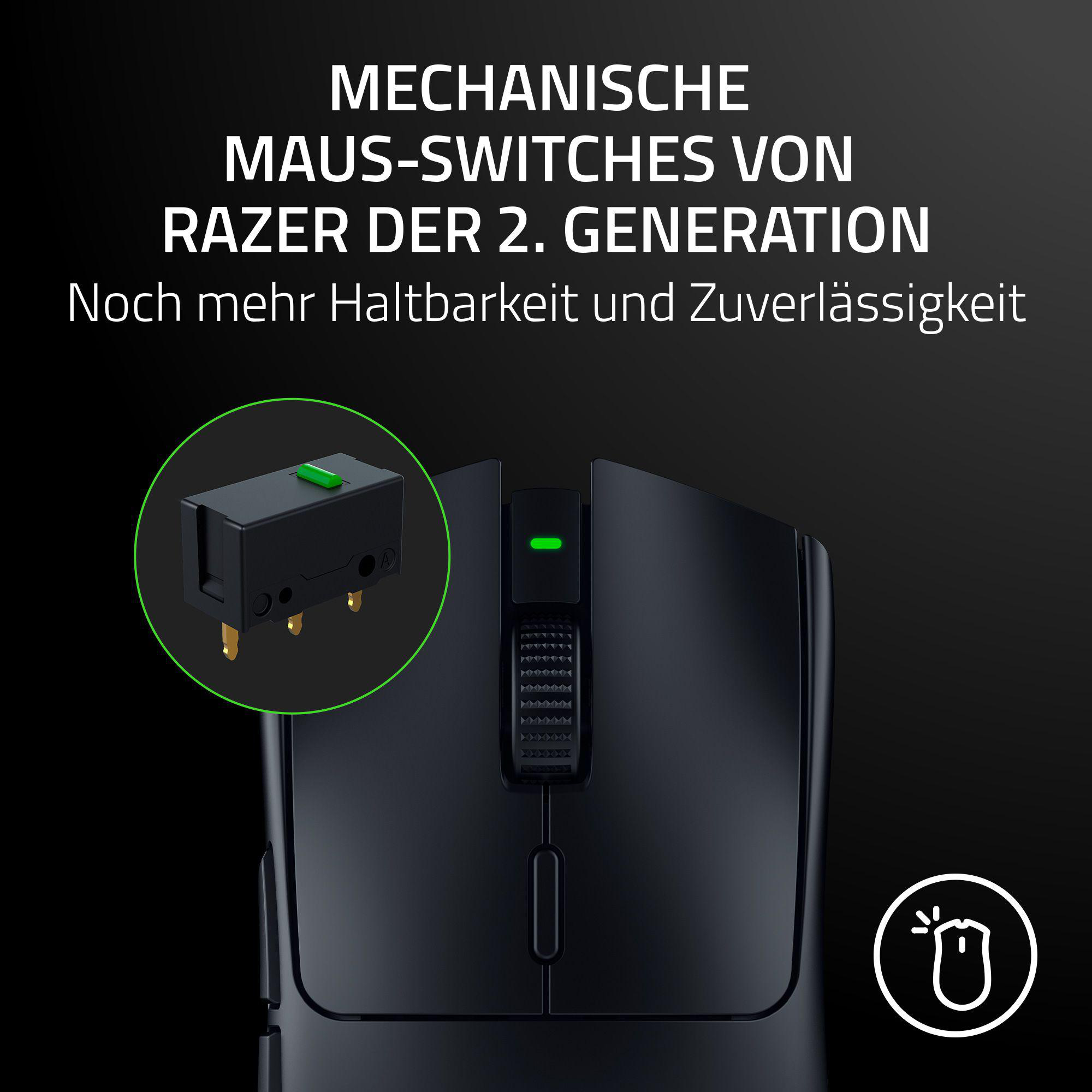 Schwarze Maus mit grünem Knopf und Text.