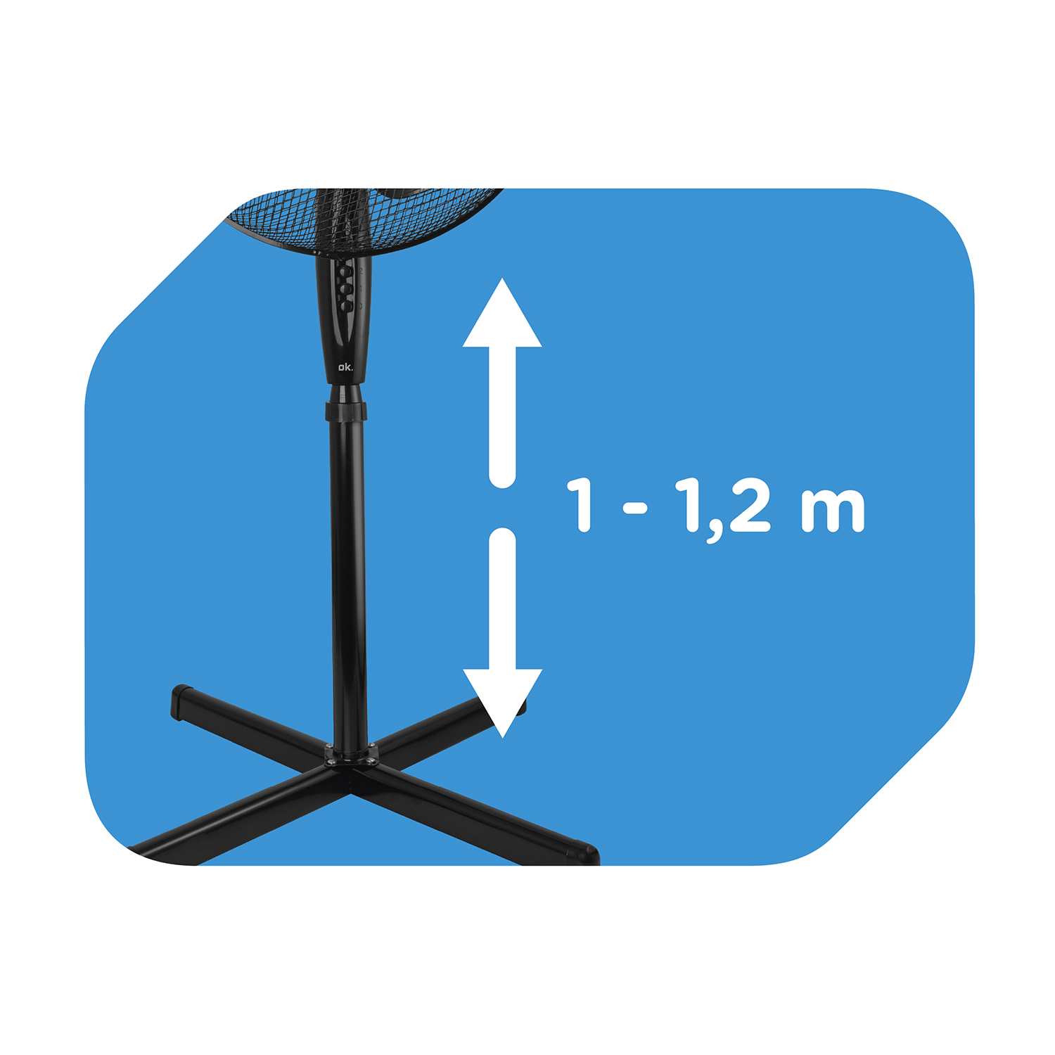 Ventilatore a piantana nero con altezza regolabile etichettata 1-1,2 m su sfondo blu.