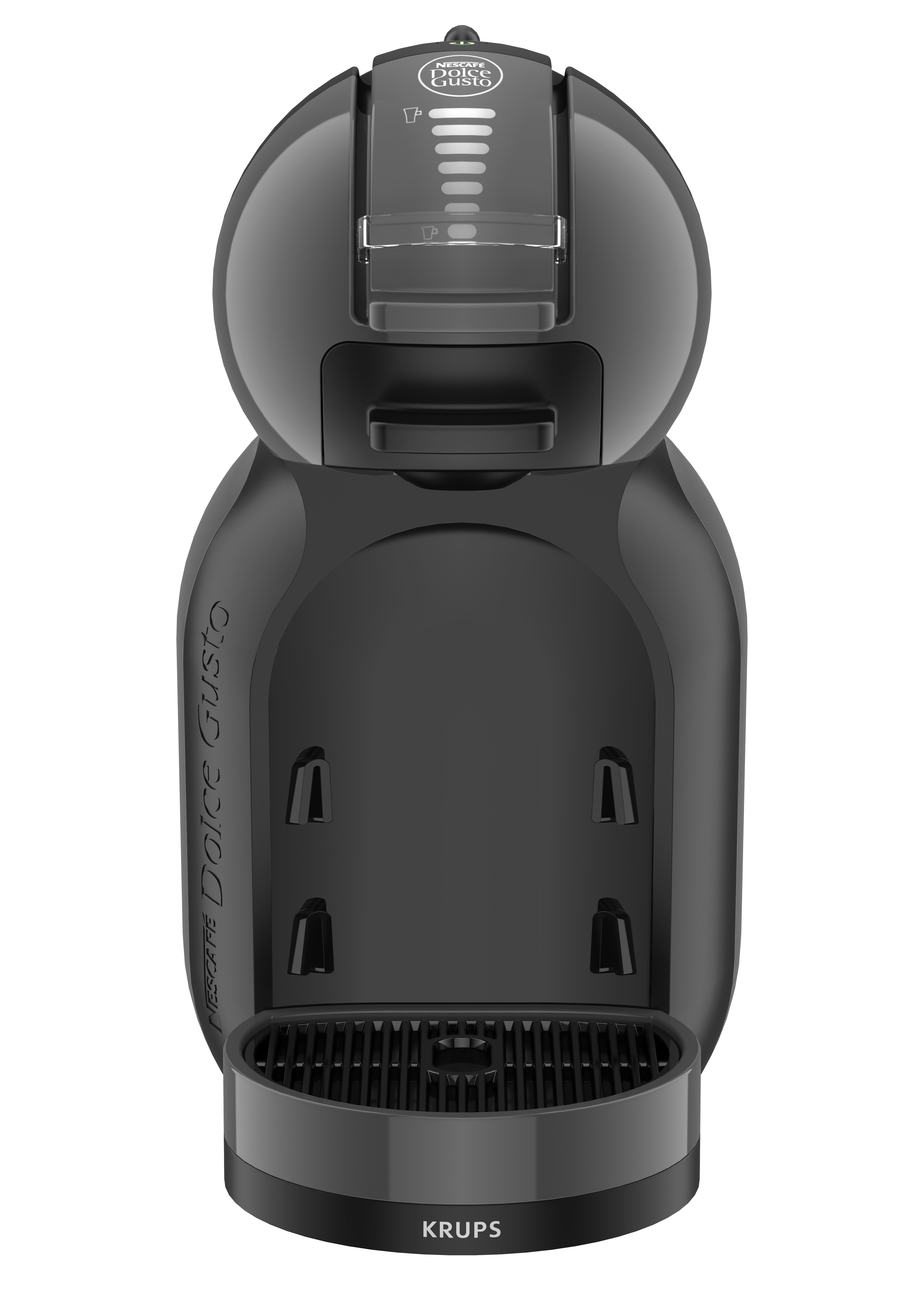 Una cafetera Krups Nescafé Dolce Gusto negra. El diseño es redondeado con un depósito de agua.