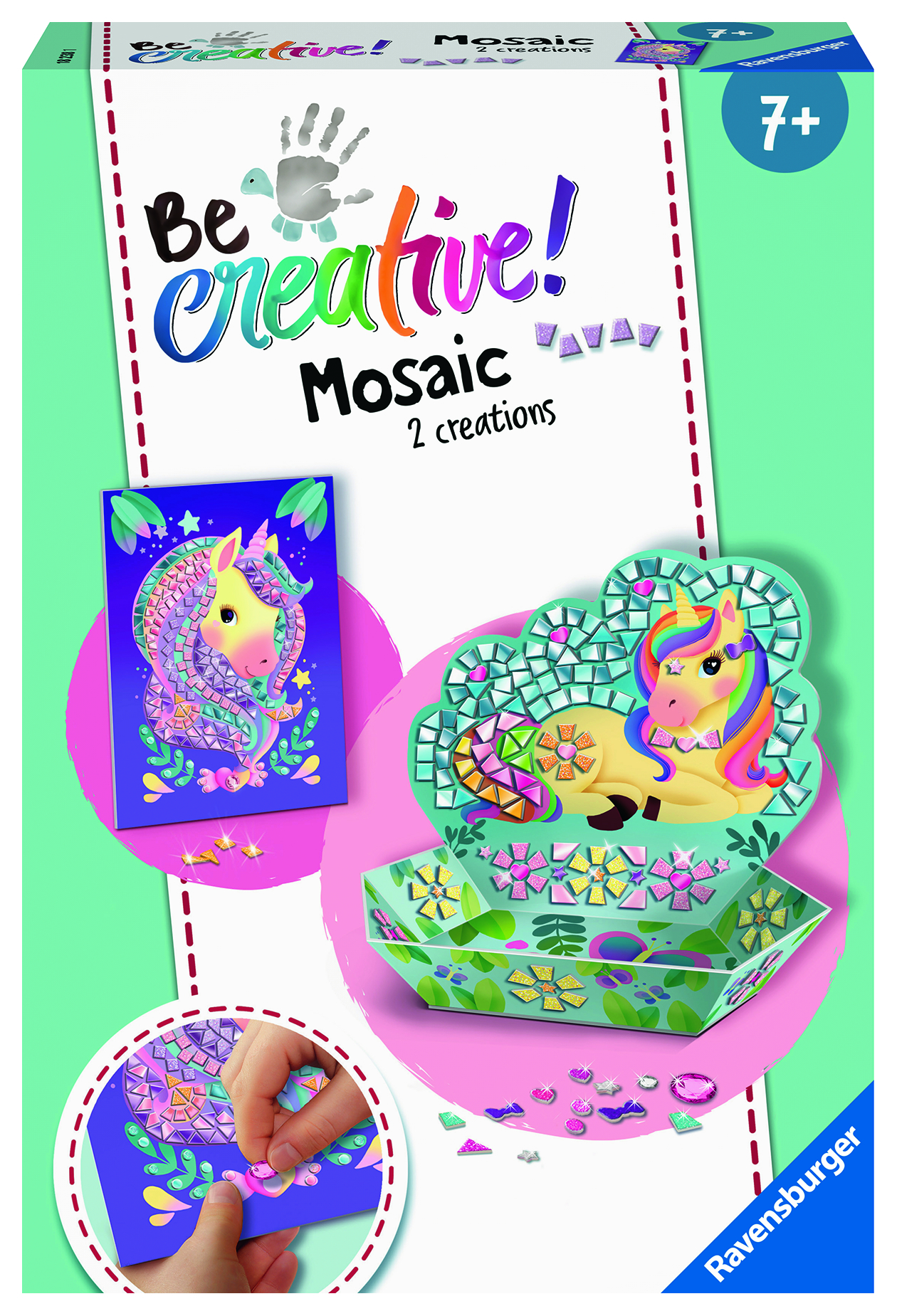 Mosaikkunst-Set-Box mit Einhorn, Sternen und Mosaikstücken.