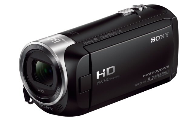 Czarna kamera Sony Handycam z obiektywem, przyciskami i logo HD i Sony.