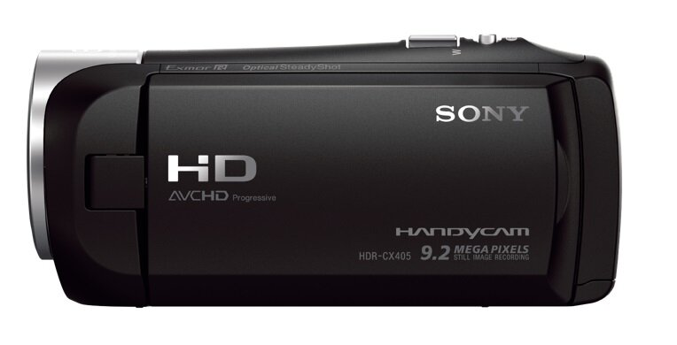 Czarny Sony Handycam z HD, AVCHD i HDR-CX405 napisanym na nim.