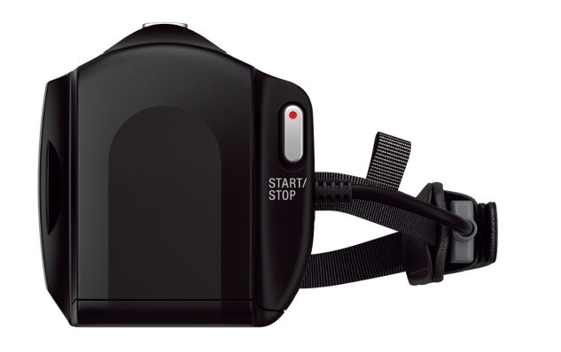 Czarna kamera wideo z widokiem z boku i przyciskiem start/stop.