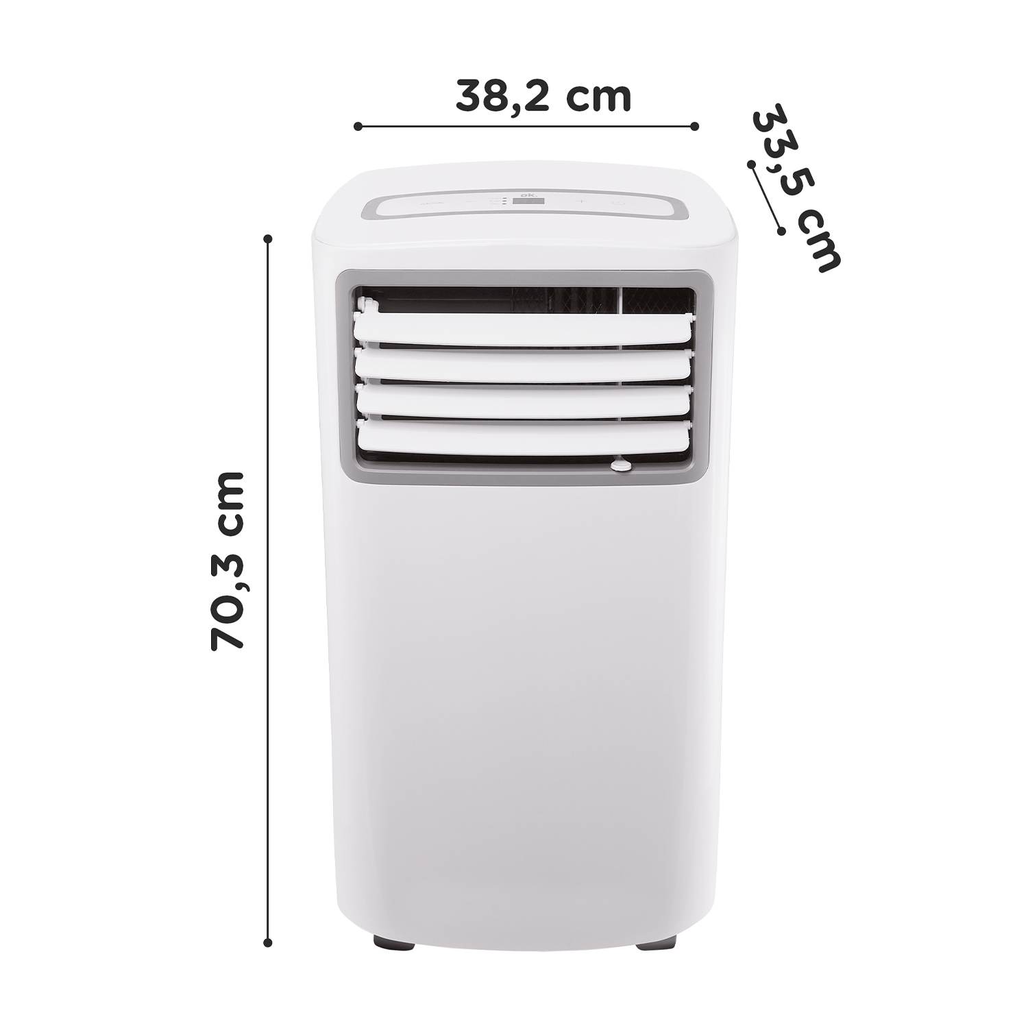 Un condizionatore d'aria portatile bianco con dimensioni indicate. Lo sfondo è bianco.