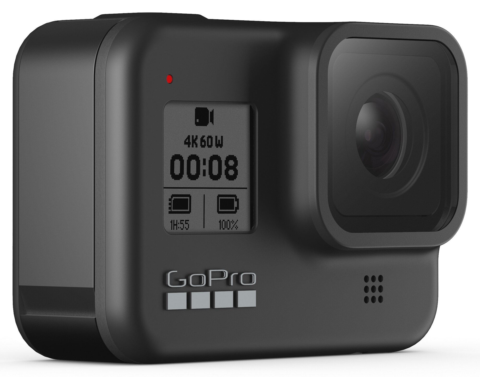 Czarna kamera GoPro z ekranem, czerwoną lampką i logo GoPro.