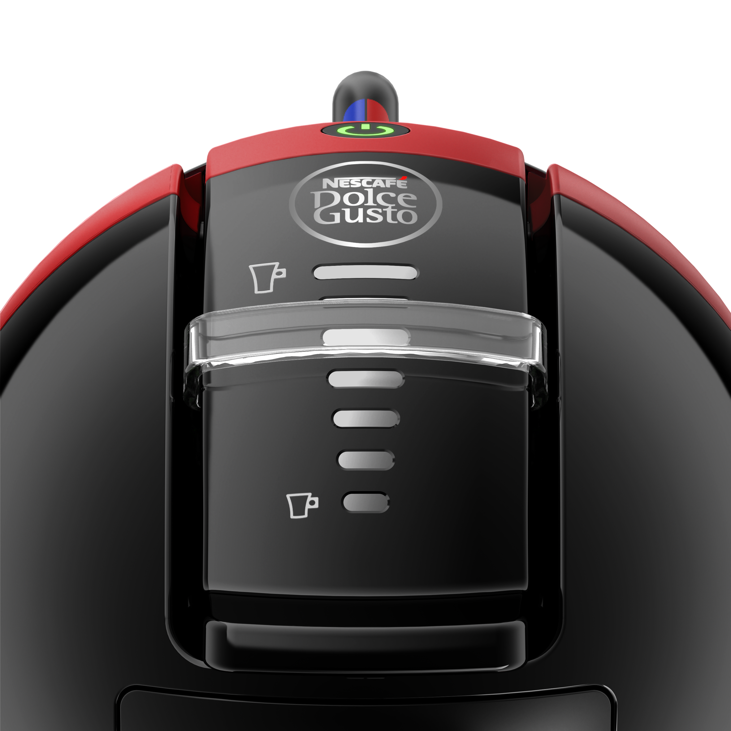 Primer plano de una cafetera Dolce Gusto, roja y negra.