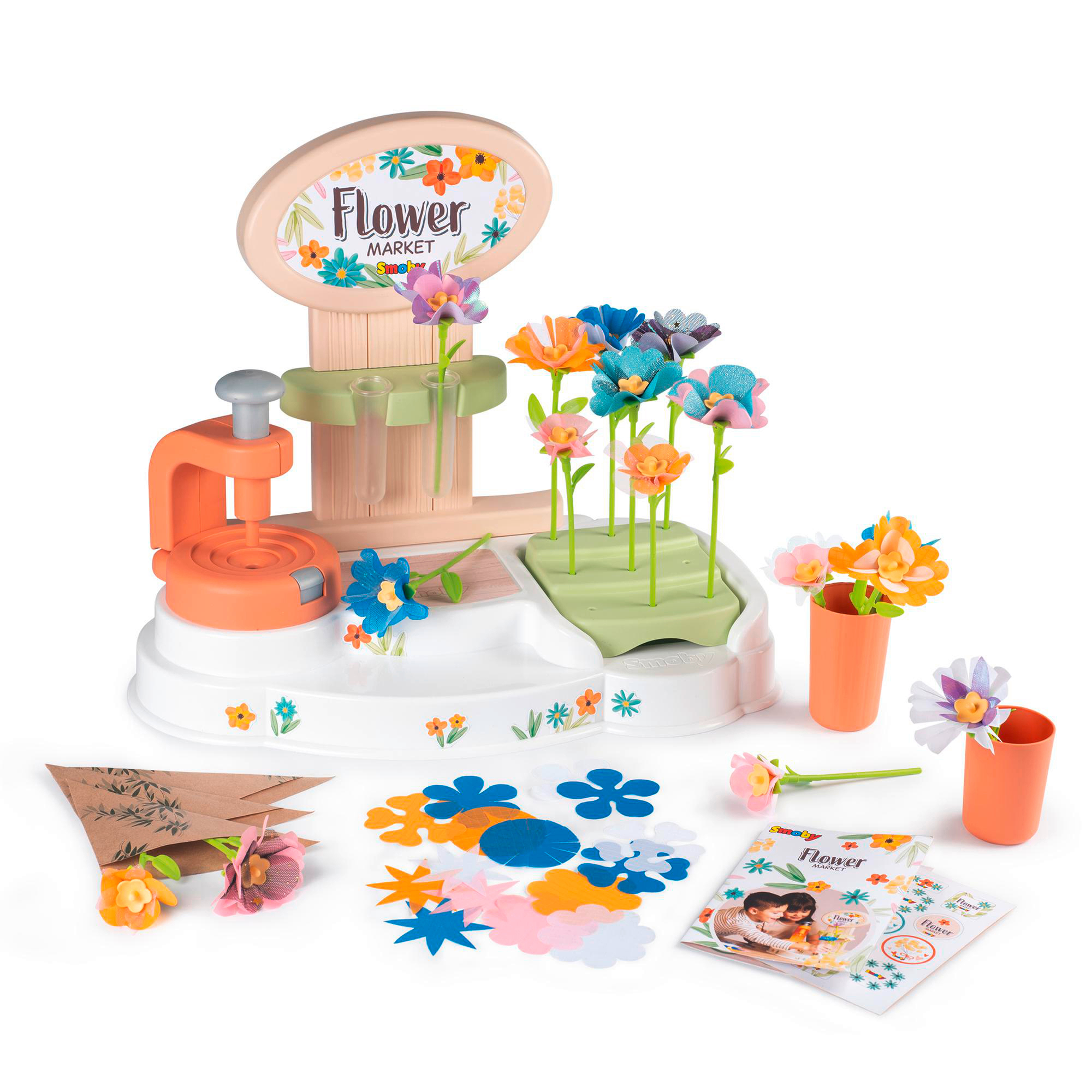 Flower Market Spielzeugset mit bunten Blumen, Werkzeugen und Zubehör auf weißem Hintergrund.