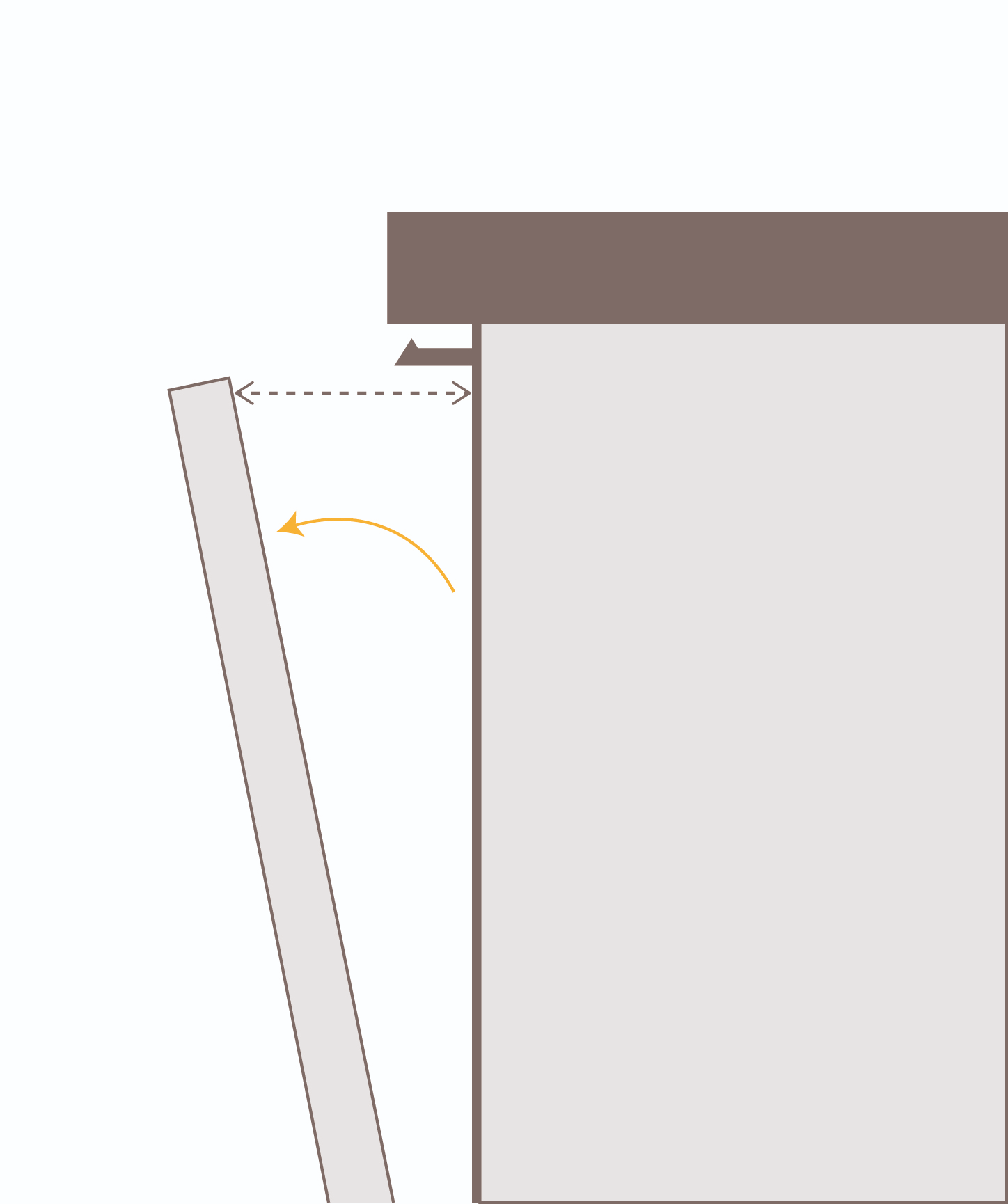 Egy szekrényajtó nyitásának diagramja. Az ajtó szürke, a szekrény bézs.