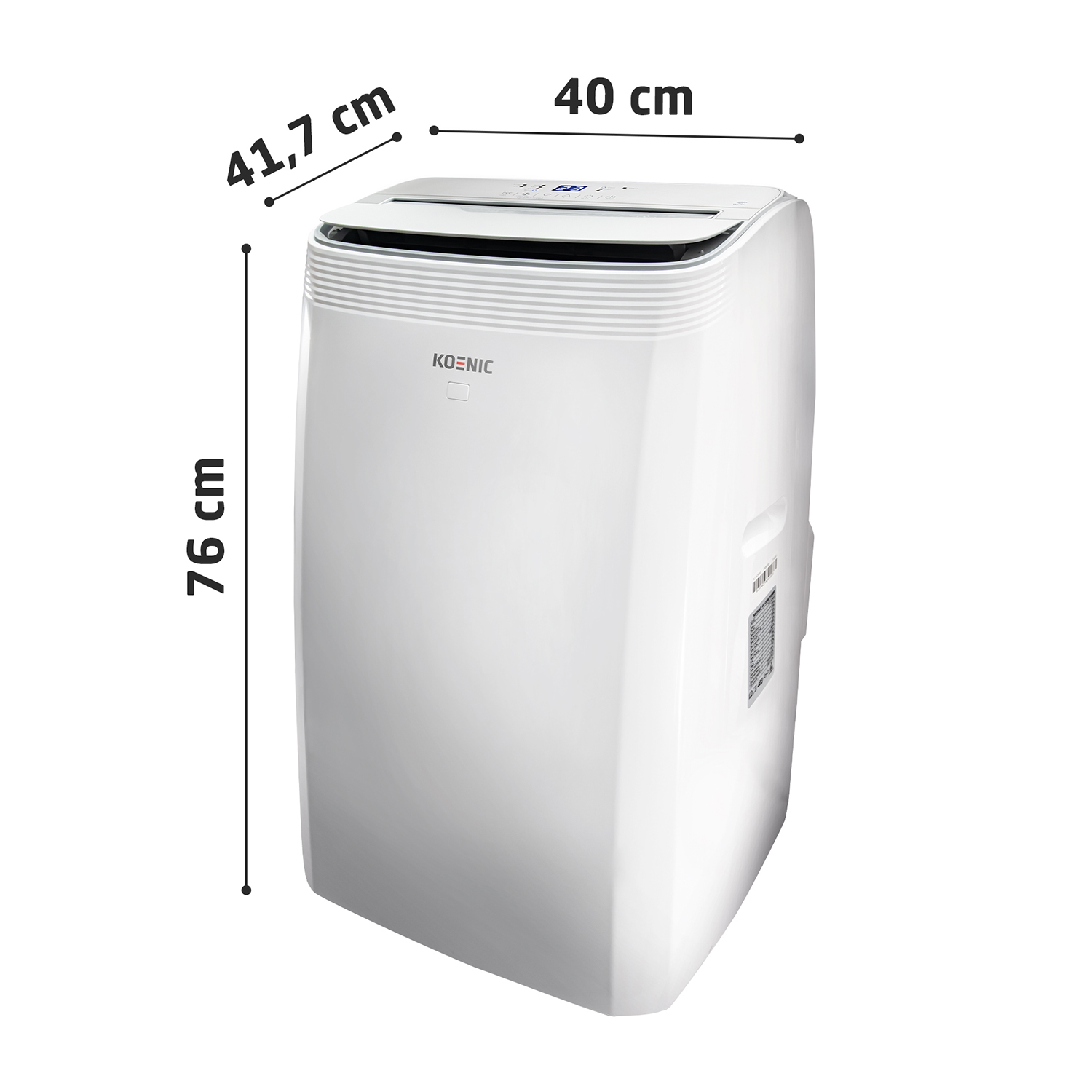 Condizionatore portatile bianco. Dimensioni: 41,7 cm x 40 cm x 76 cm. Testo: KOENIC.
