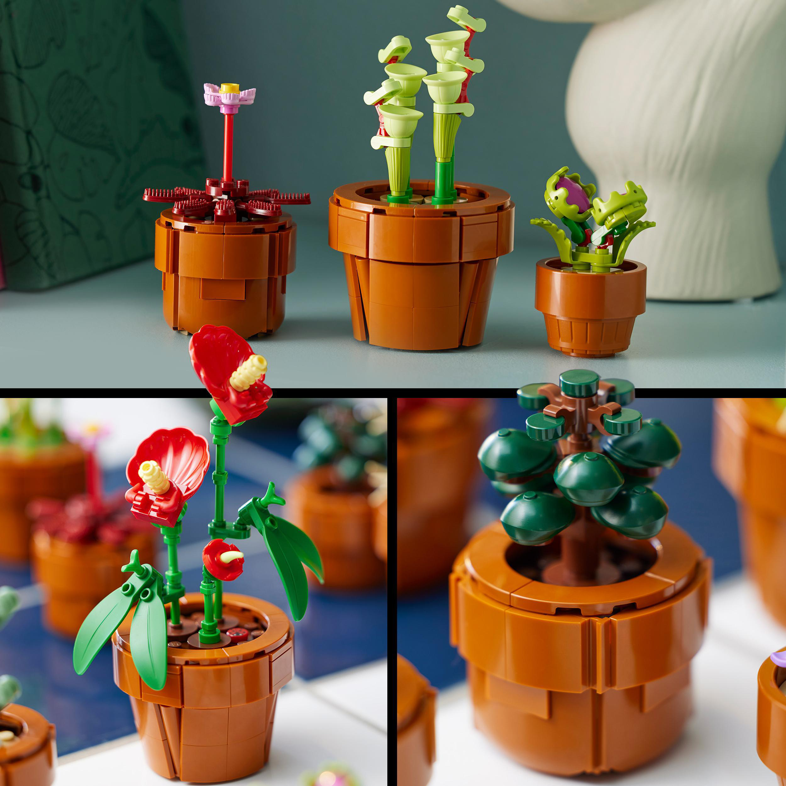 LEGO-Pflanzensets mit bunten Blumen in braunen Töpfen. Verschiedene Anordnungen.