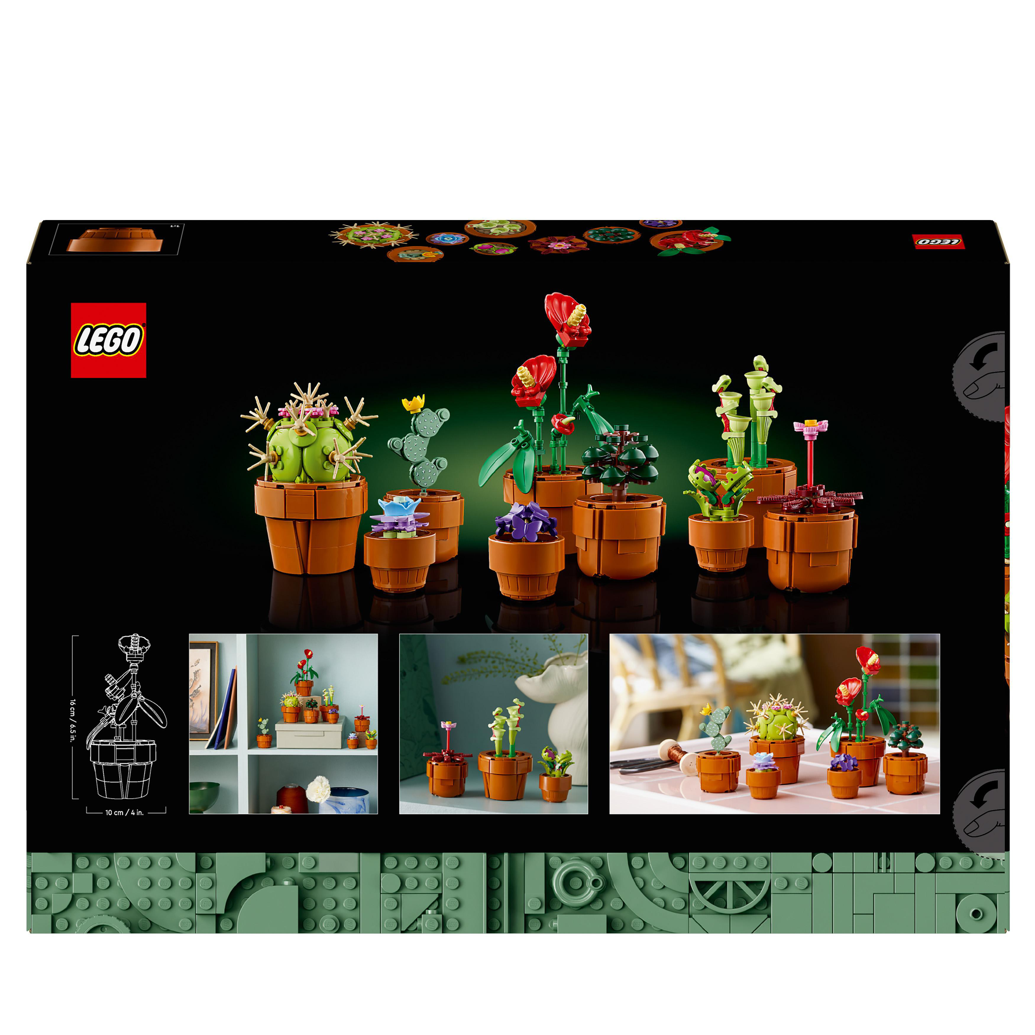 Rückseite einer Lego-Box mit Lego-Pflanzen in Töpfen. Enthält kleinere Bilder der Pflanzen.