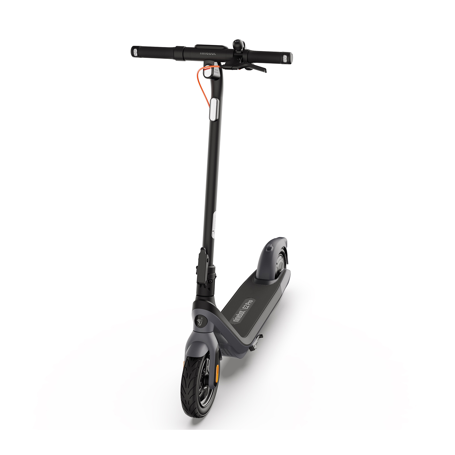 Monopattino elettrico nero con accenti arancioni, su sfondo bianco, con il nome del marchio sul manubrio.