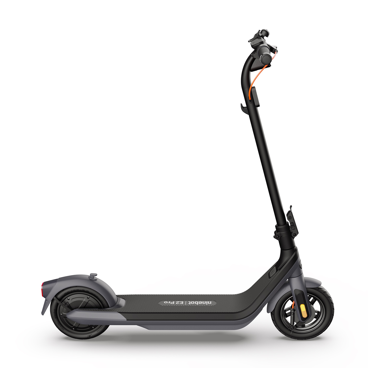 Monopattino elettrico, nero e grigio. Ha manubrio, pedana e ruote.