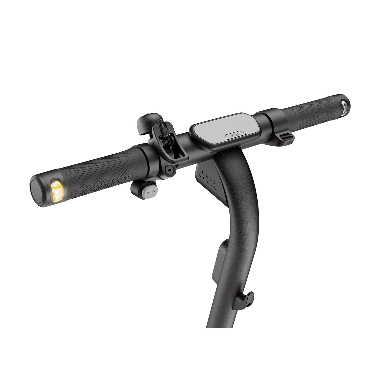 Manubrio nero di scooter con luce e display, isolato su bianco.