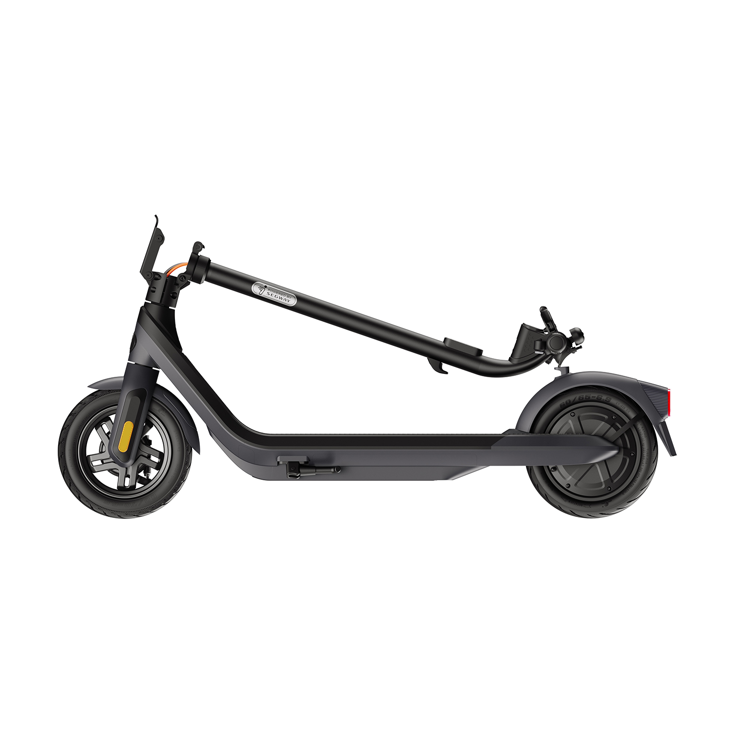 Scooter elettrico nero. Design pieghevole. Ruote nere e luci gialle.