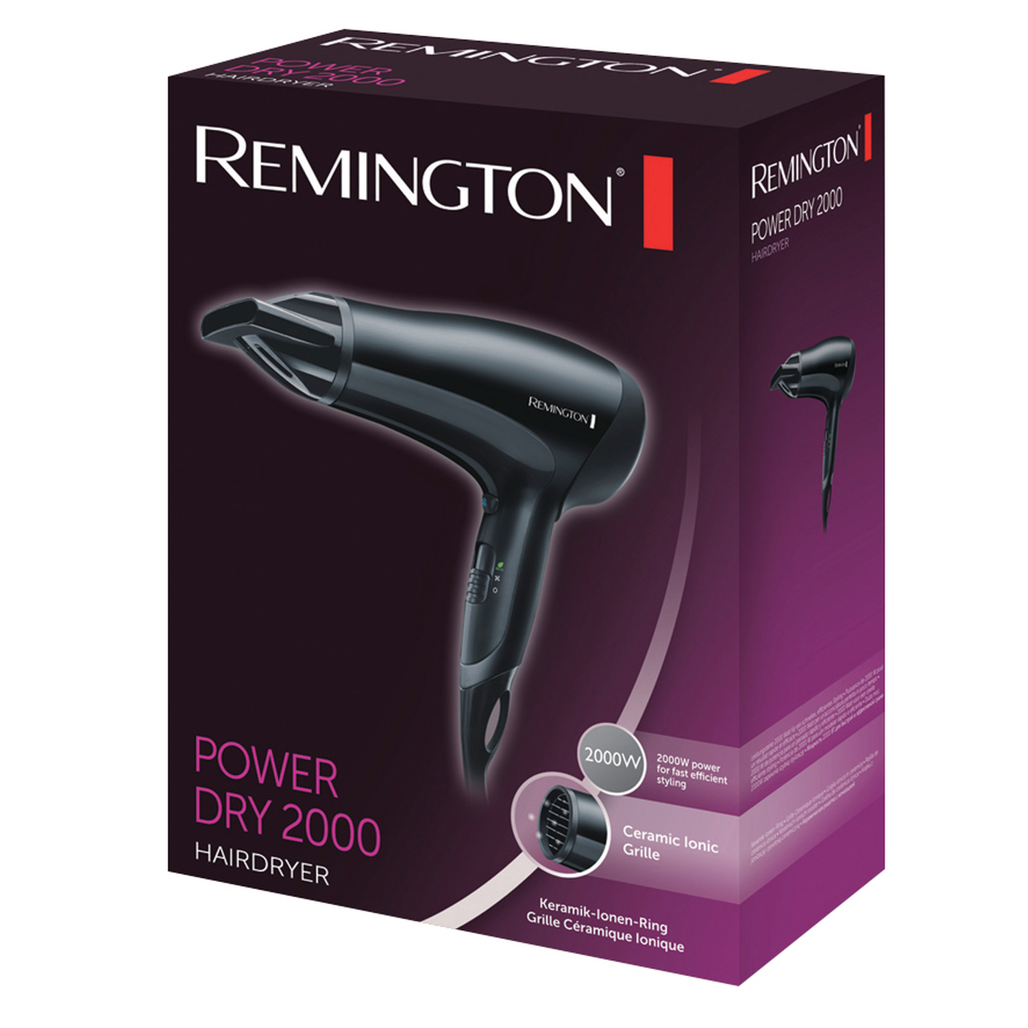 Remington Power Dry 2000 haardroger doos met productafbeeldingen.