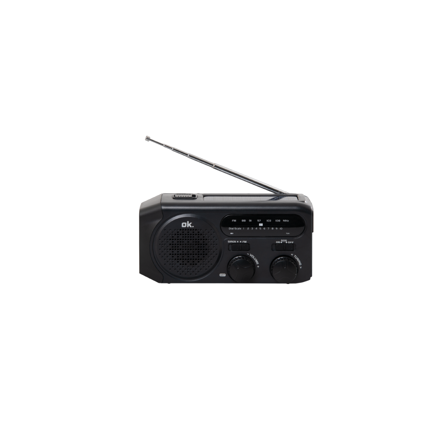 Een zwarte draagbare radio met een antenne en bedieningsknoppen.
