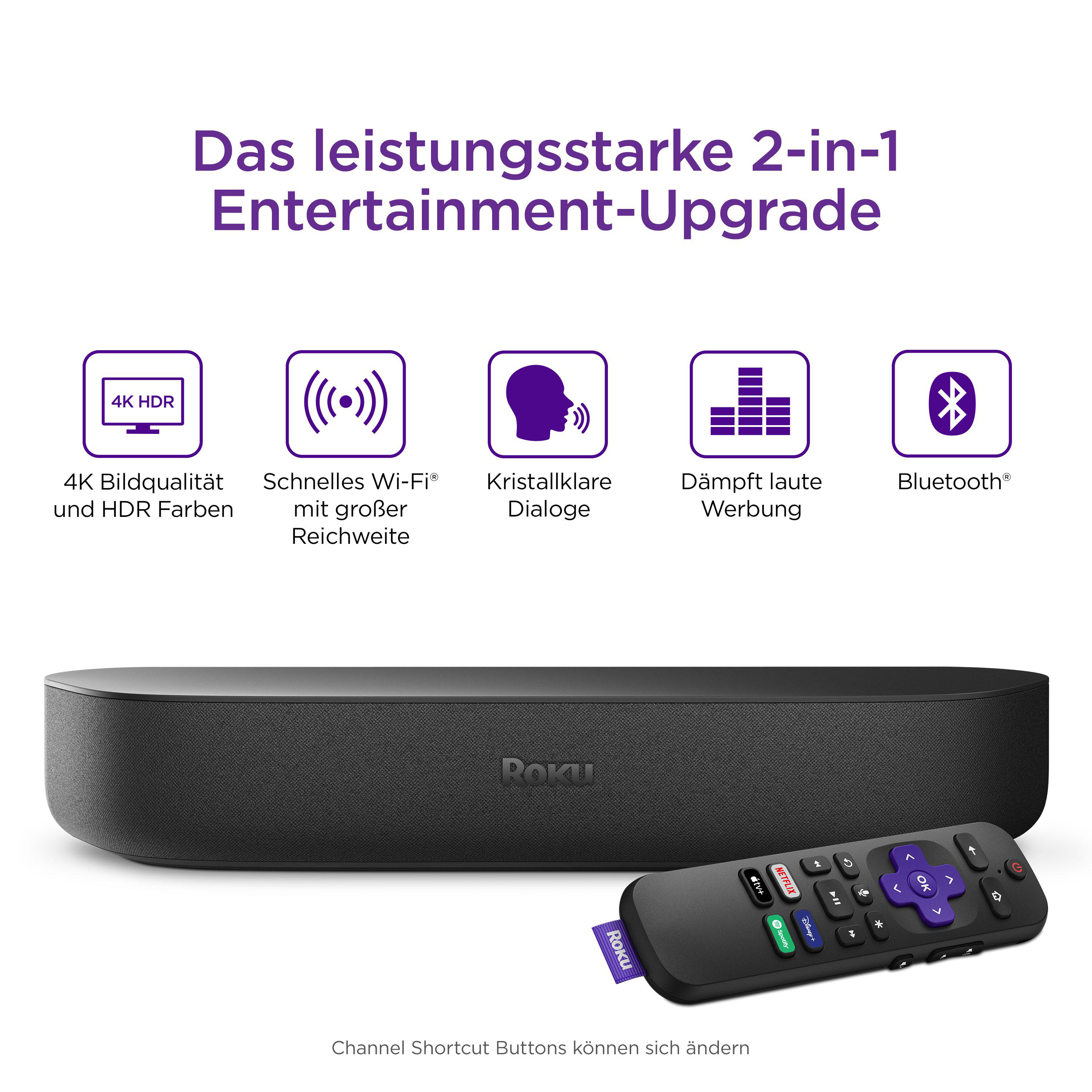 Roku Soundbar und Fernbedienung. Text: '2-in-1 Entertainment-Upgrade'.