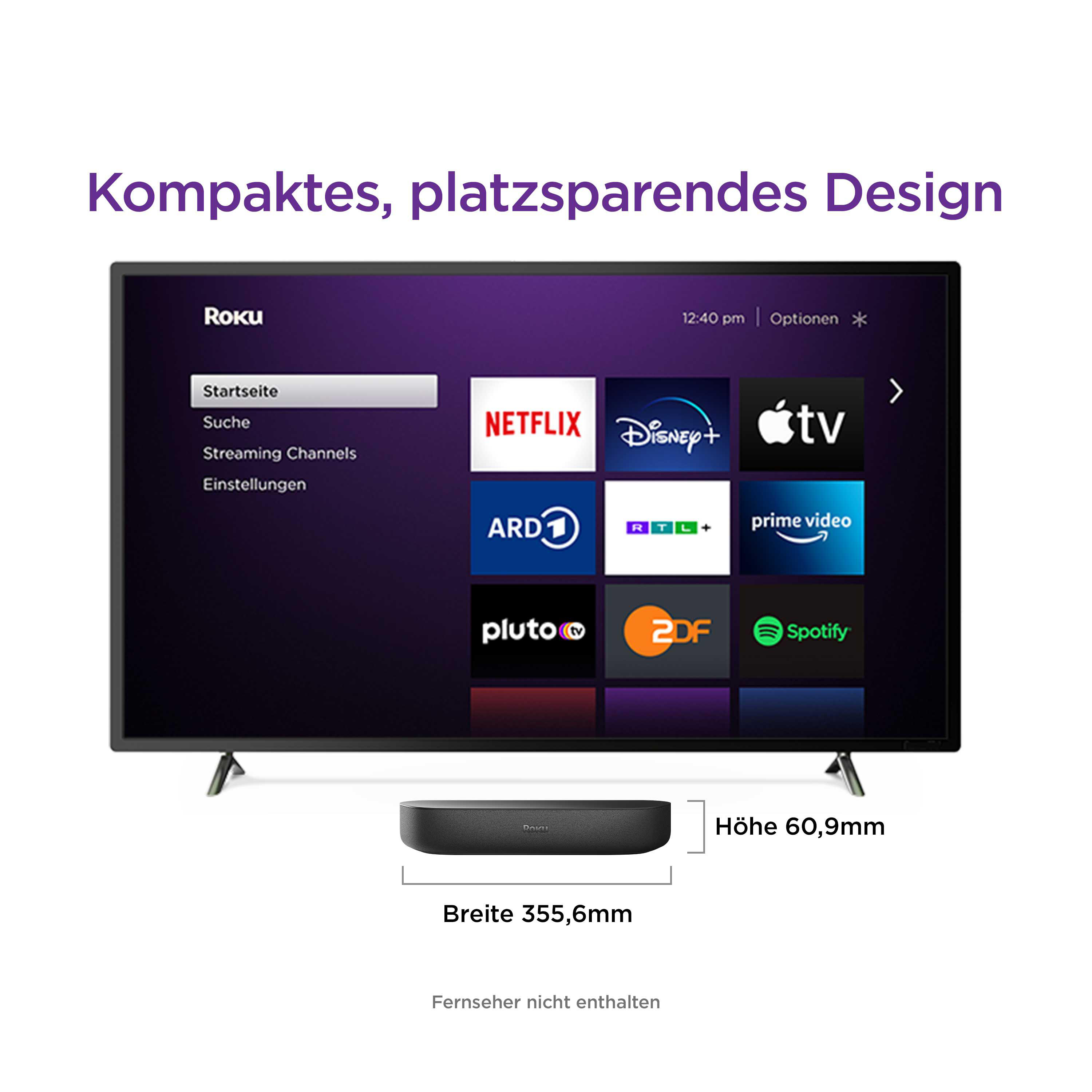 Schwarzes Roku-Gerät mit einem Fernsehbildschirm, der die Roku-Oberfläche und Streaming-Dienste anzeigt.