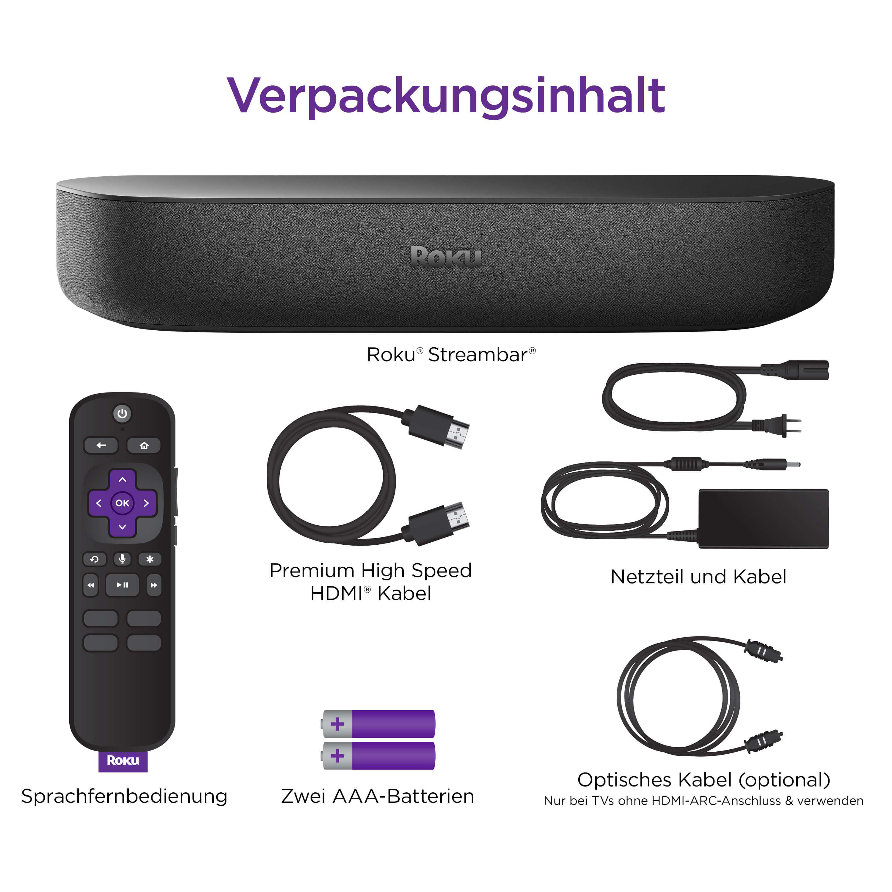 Roku Streambar mit Fernbedienung, Kabeln und Batterien. Text: 'Verpackungsinhalt'.