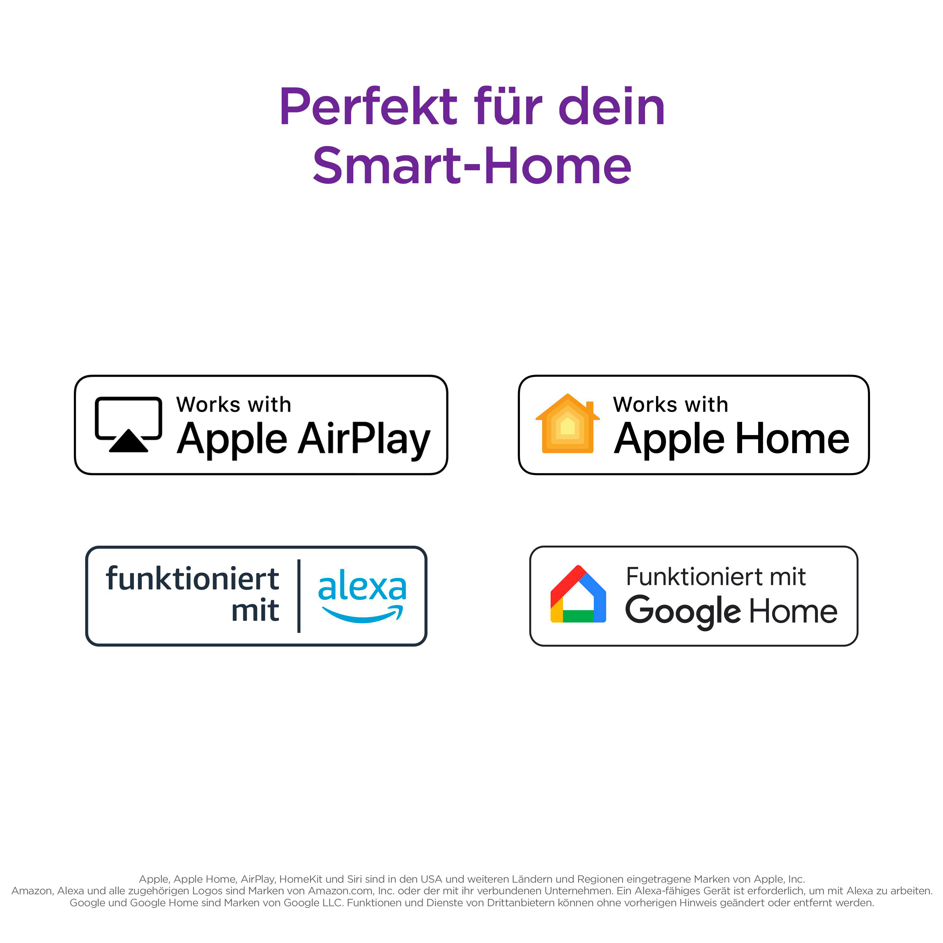 Logos für Apple AirPlay, Apple Home, Amazon Alexa und Google Home.