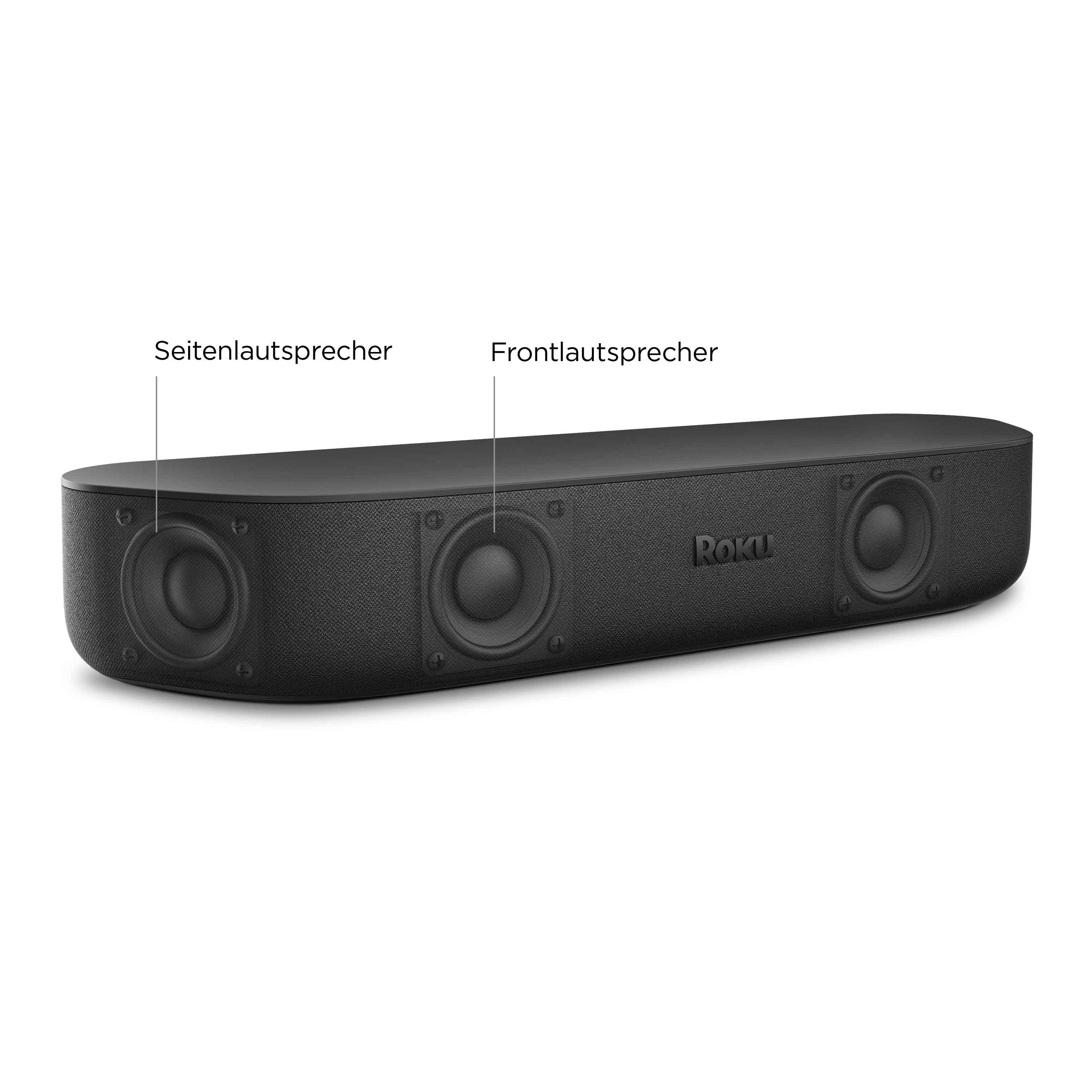 Schwarze Roku Soundbar mit drei Lautsprechern. Text auf der Vorderseite: 'Roku'. Weißer Hintergrund.