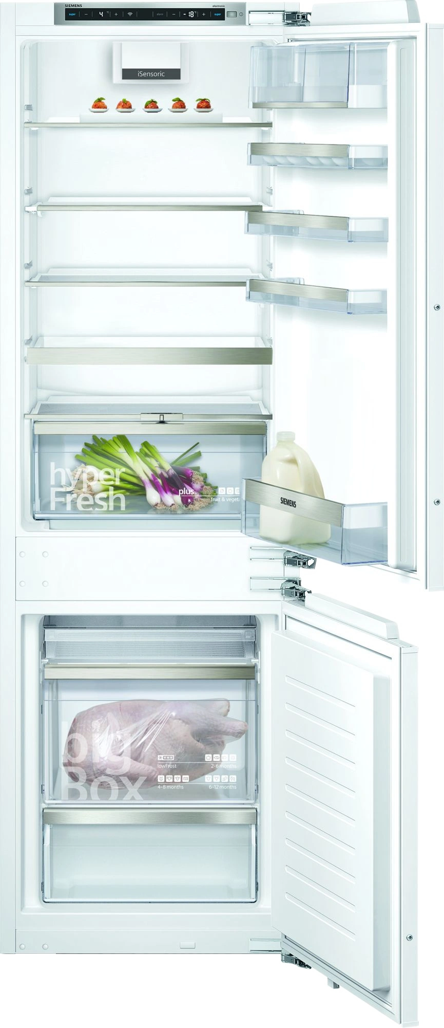 Réfrigérateur Siemens blanc avec portes ouvertes, montrant étagères et compartiments.