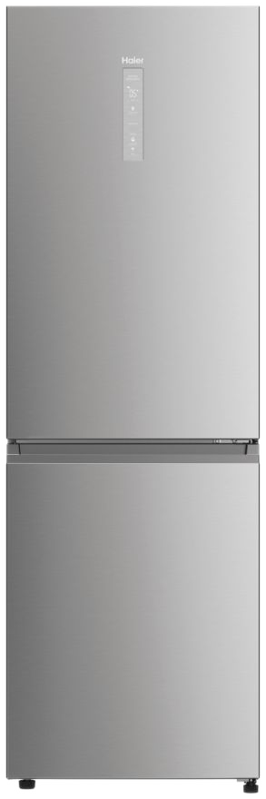 Een zilveren Haier koelkast met twee deuren, de bovenste met een digitale display.