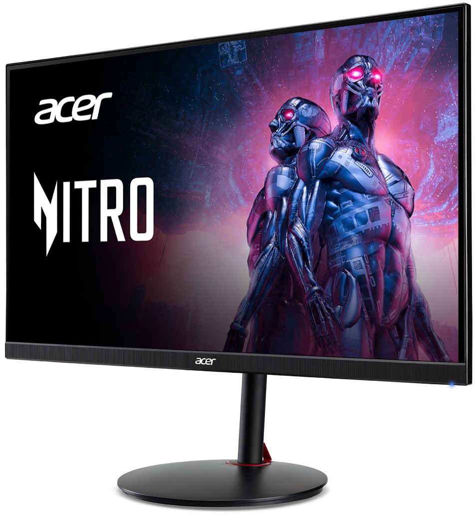 Acer Nitro gaming monitor, fekete kerettel, stilizált figurákkal a képernyőn.