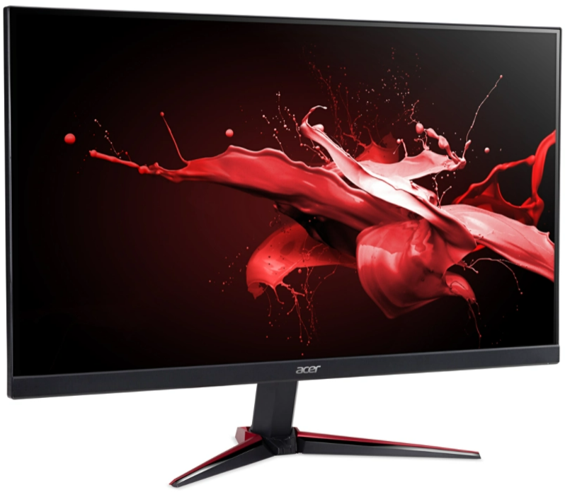 Fekete Acer gaming monitor piros fröccsenő dizájnnal fekete háttéren.
