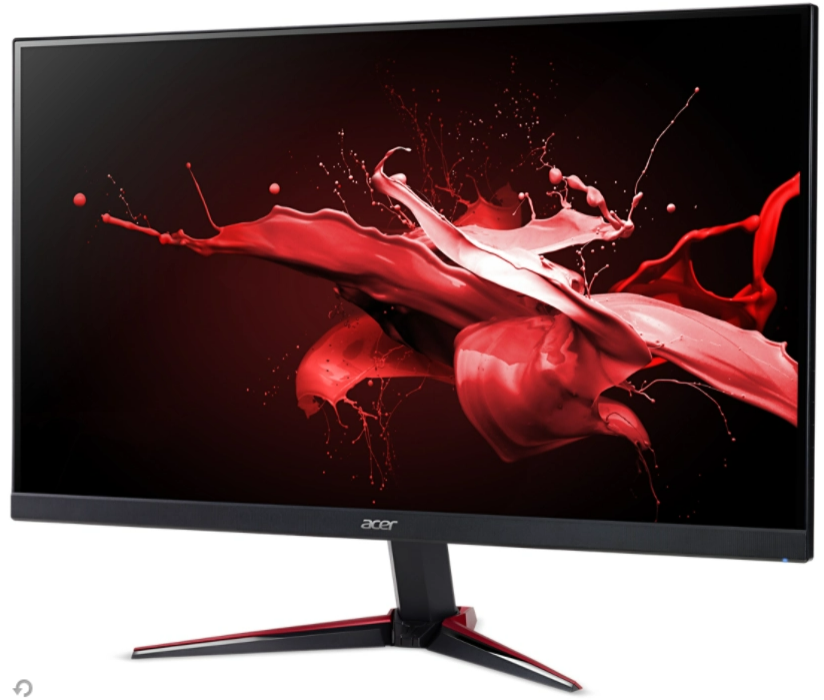 Acer monitor piros és fekete dizájnnal. Dinamikus piros fröccsenő kép a képernyőn.