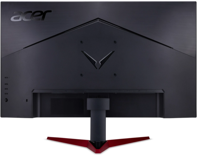 Egy fekete Acer monitor hátulja piros állvánnyal, Acer logóval és portterülettel.