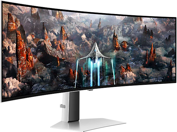 Ívelt számítógép monitor, tájjal és űrhajóval.