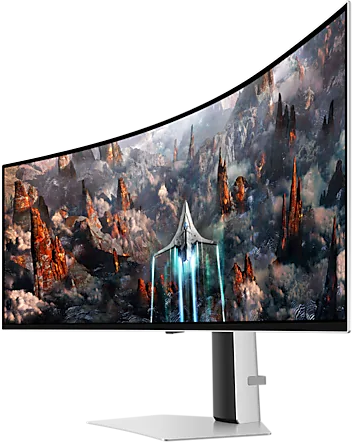 Ívelt gamer monitor, sci-fi tájjal és űrhajóval.