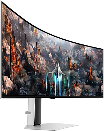 Egy ívelt monitor, amely egy futurisztikus városképet jelenít meg egy repülő járművel.