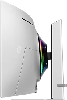 Fehér ívelt monitor, többszínű fénysávval a hátulján.