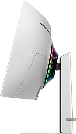 Fehér gamer monitor oldalról, a hátulját mutatja RGB-világítással és állvánnyal.