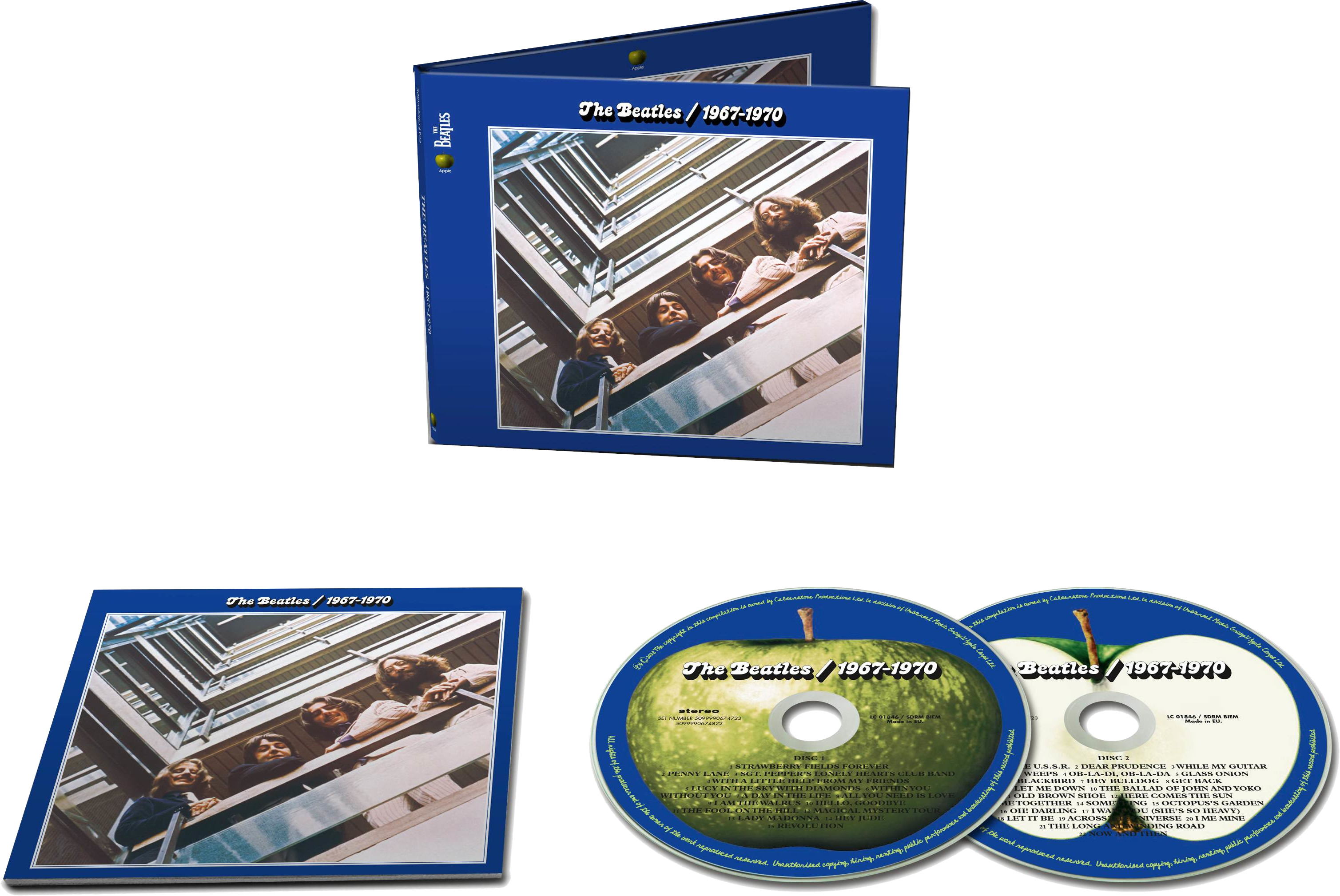 Beatles-CD-Set mit Albumcover und zwei CDs mit Apfeldesign.