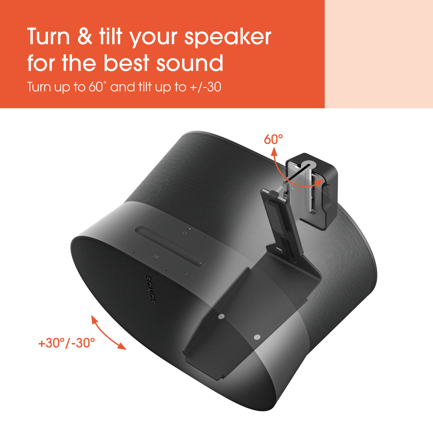 Black speaker with stand. Orange text: Turn & tilt for best sound. White background.