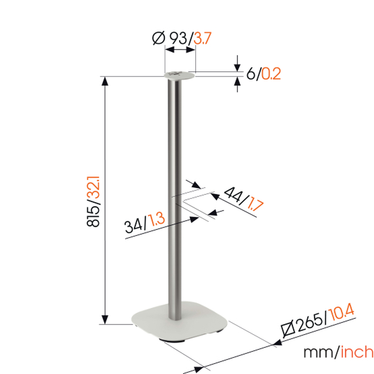 Metalen standaard met afmetingen. Witte basis, zilveren paal. Afmetingen in millimeters en inches.
