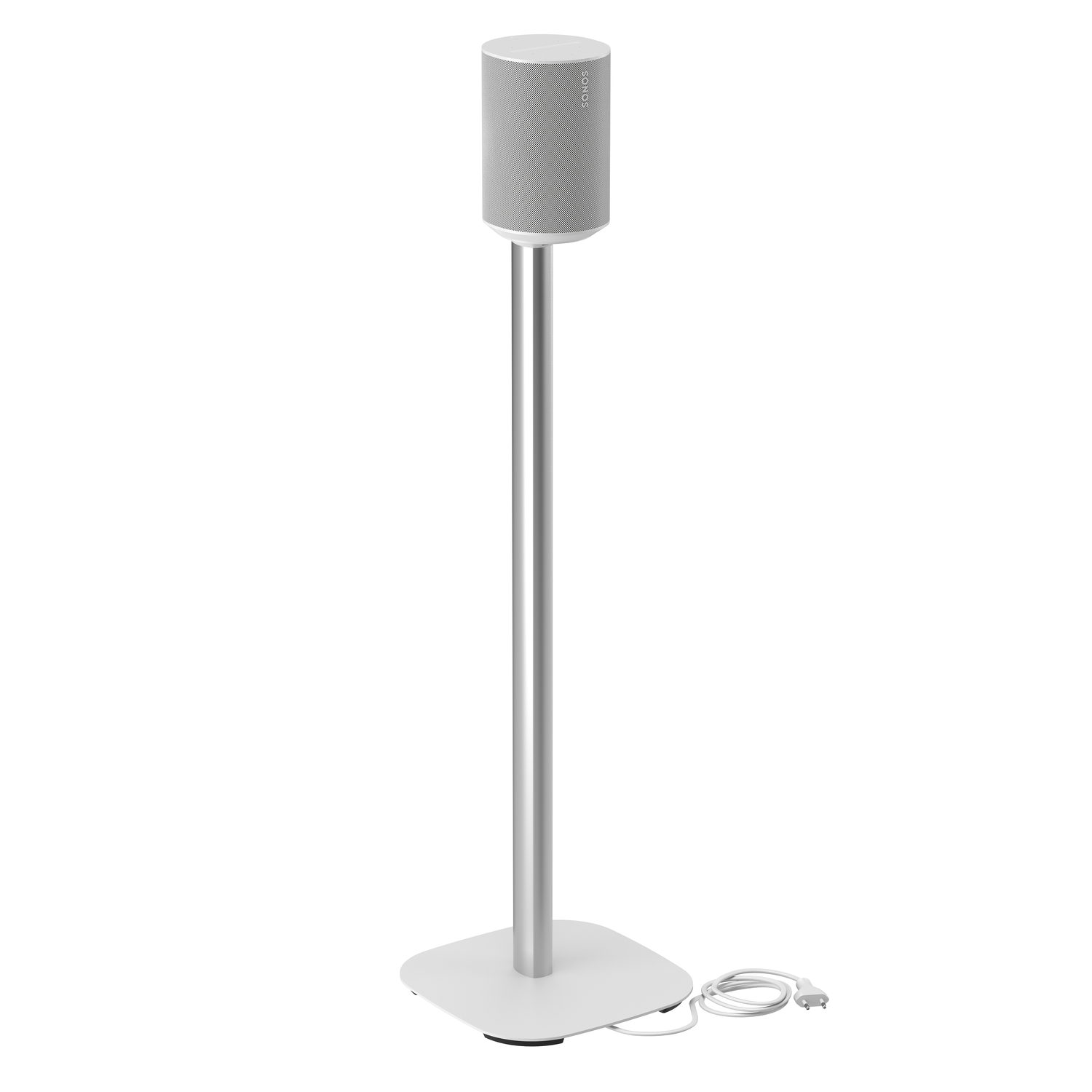 Zwarte speaker op een beugel, met pijlen die kantel- en draaihoeken aangeven, oranje achtergrond.
