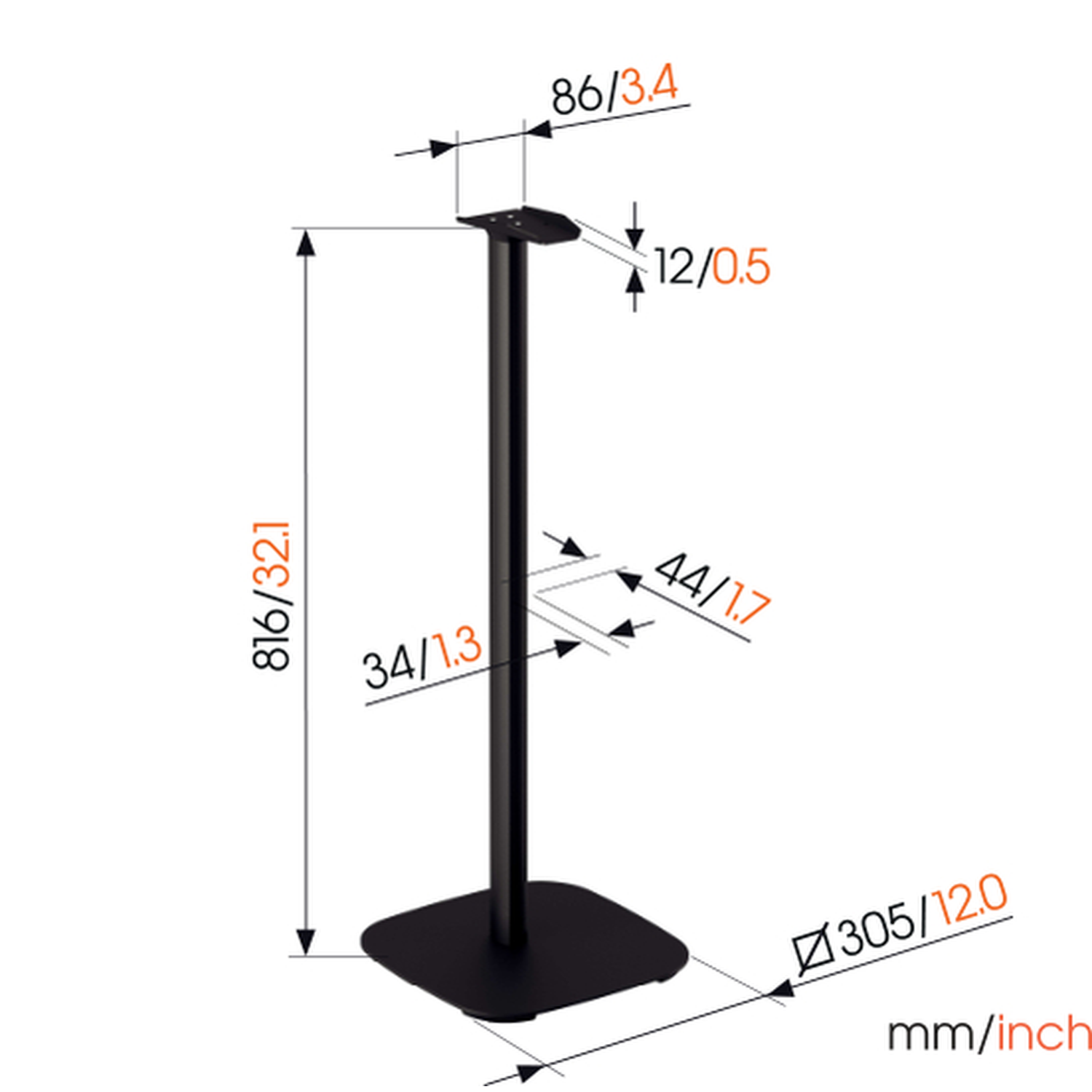 A black speaker stand with dimension markings in mm/inch against a white background.