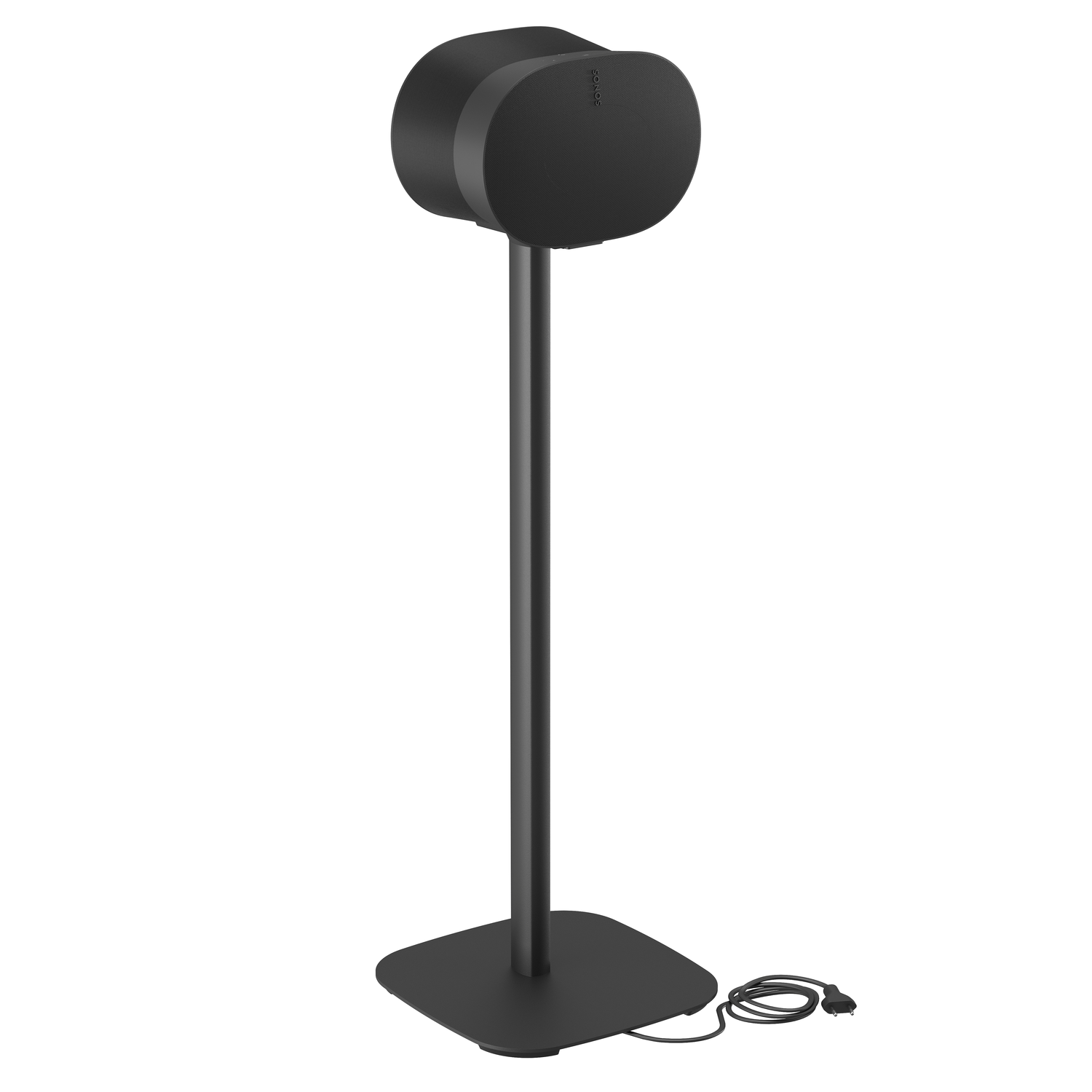 Black speaker stand with two speakers. The stand is tall with a square base and a power cord.
