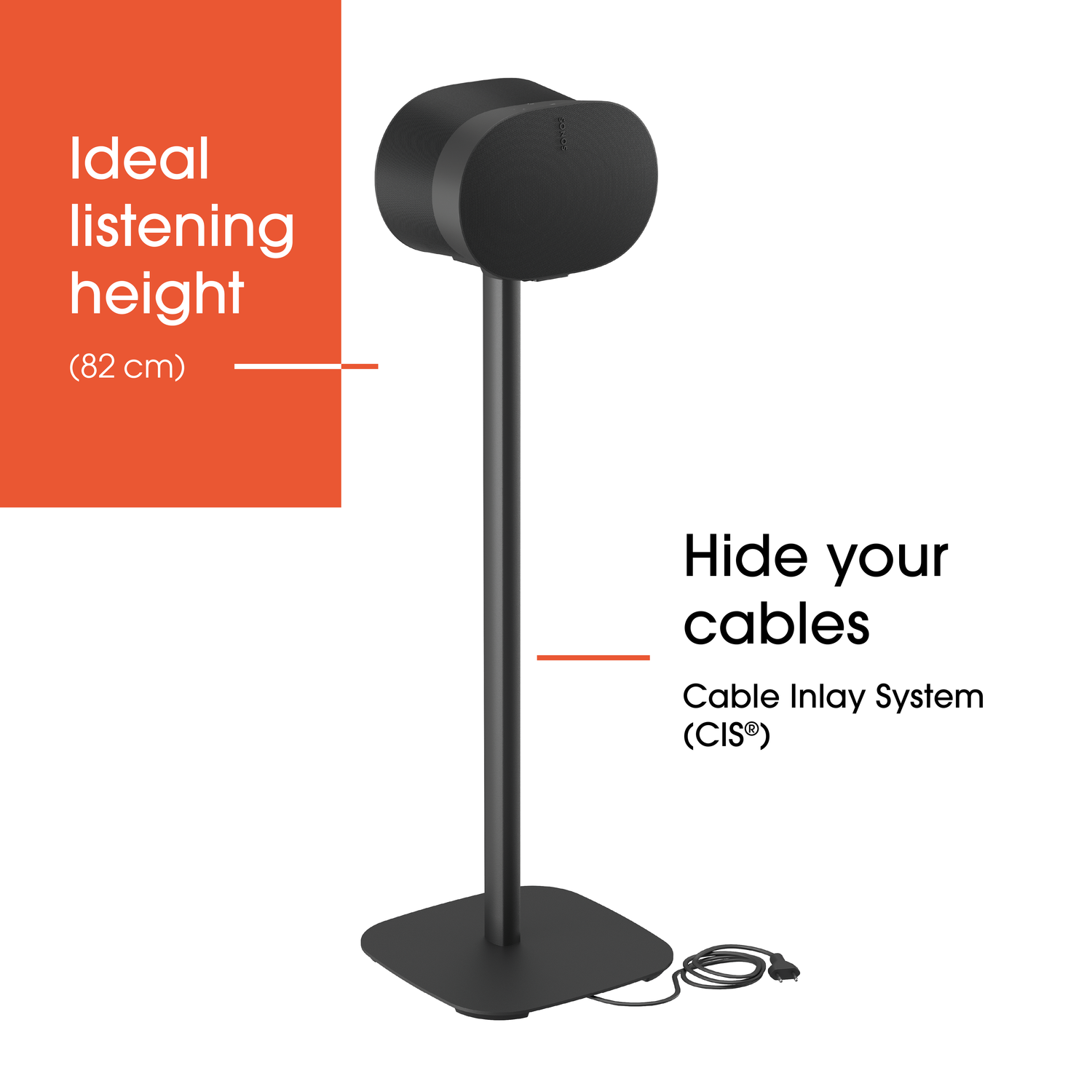 A black speaker stand with two speakers attached. Orange text on the left.