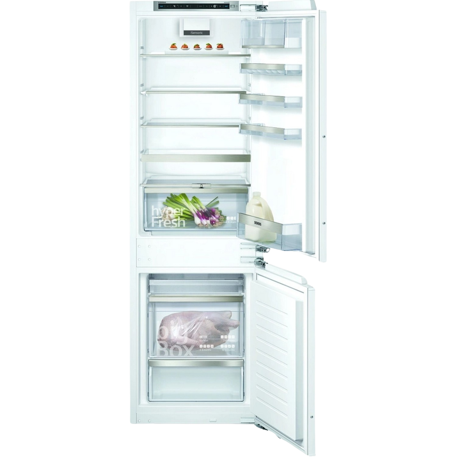 Réfrigérateur encastré avec portes ouvertes. Intérieur visible avec étagères, tiroirs avec aliments.