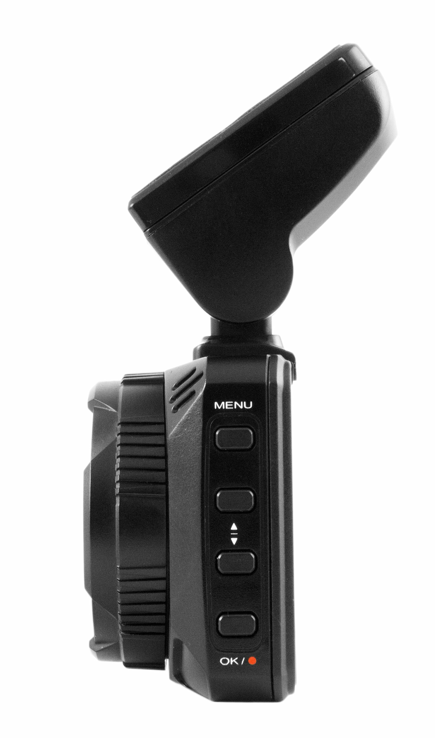 Widok z boku czarnej kamery samochodowej, z przyciskami menu i sterowania.