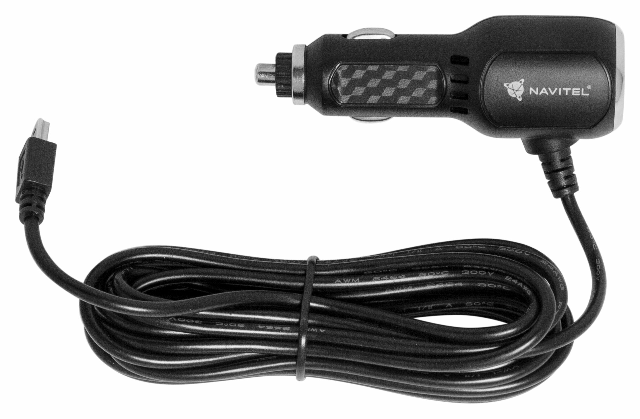 Czarna ładowarka samochodowa z podłączonym kablem micro USB.