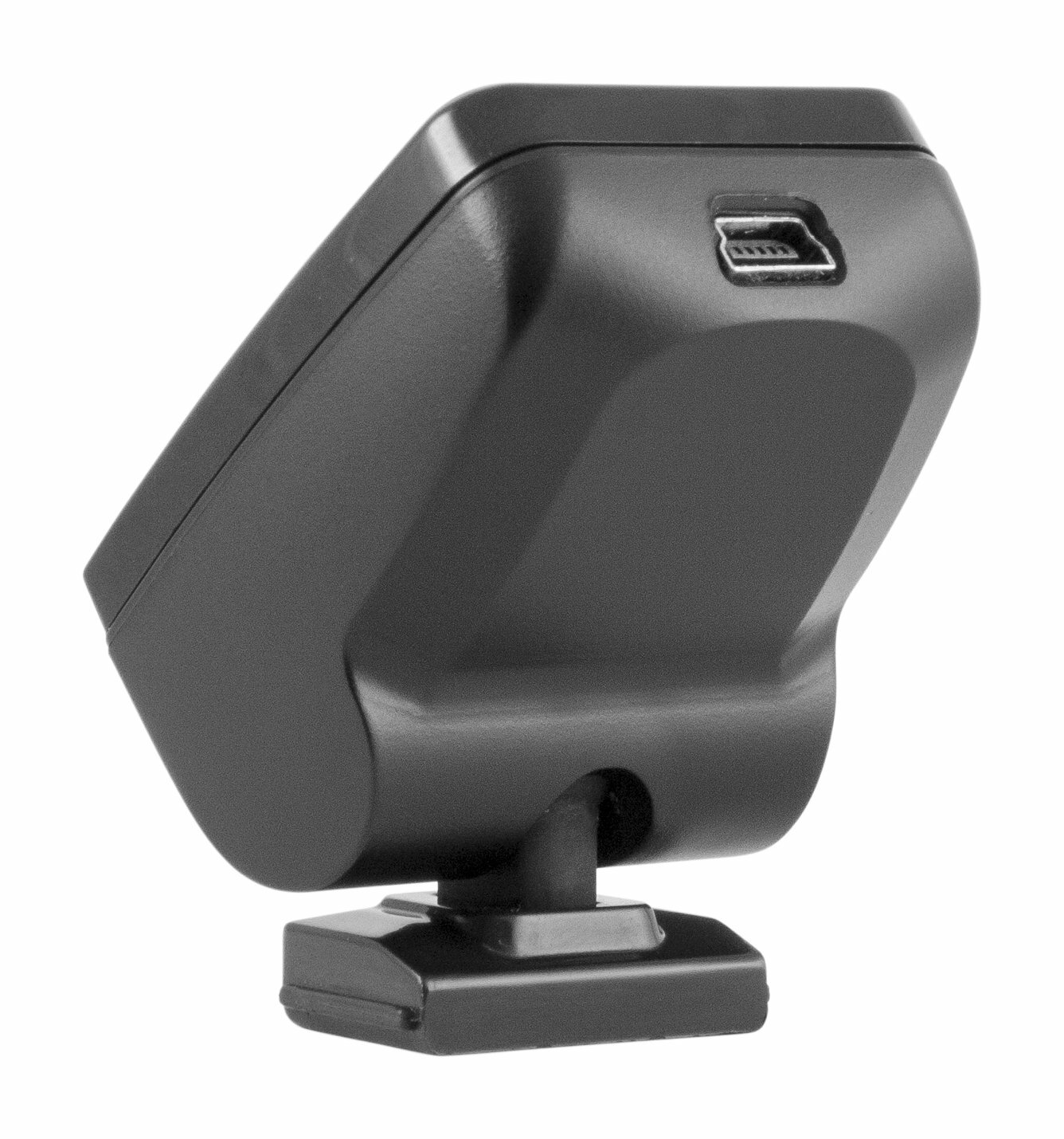 Czarne urządzenie z portem USB, na czarnej podstawie, ustawione pod kątem do zbliżenia.