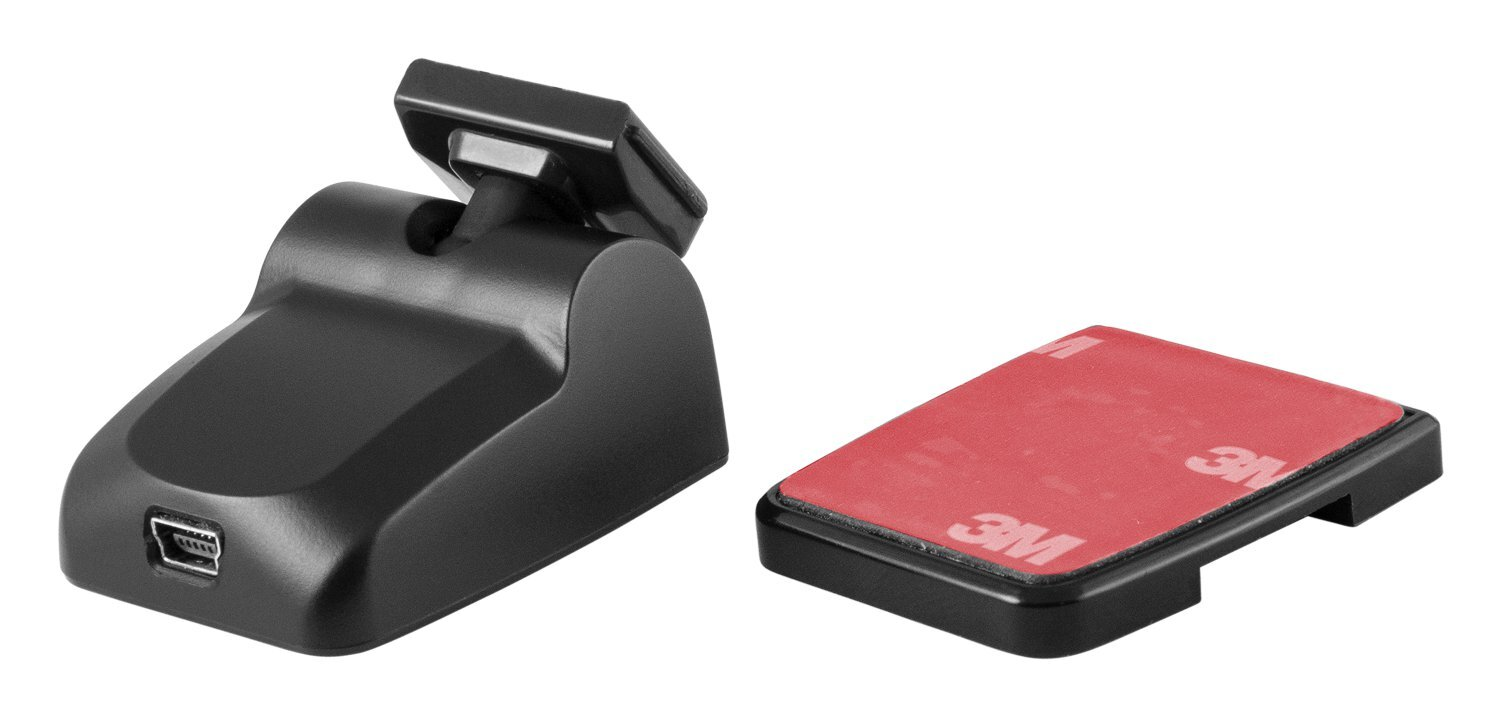 Czarna kamera samochodowa z oddzielnym mocowaniem i czerwoną podkładką klejącą.